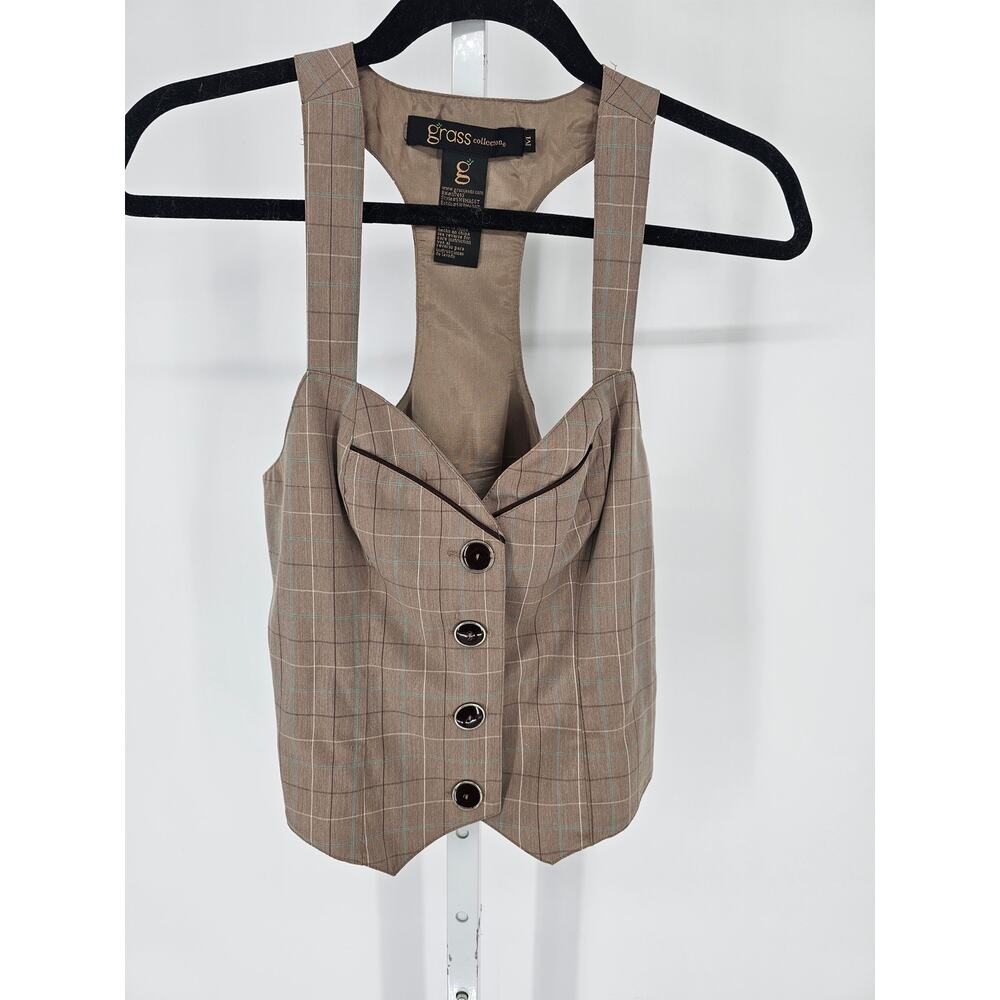 Y2K Grass Collection Women's Tan Crop Taupe Stripped Pattern Button Vest Size M